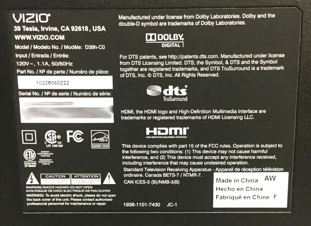 Vizio LED D39hC0